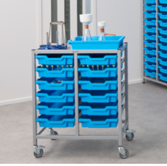 Science Bench Height Double Trolley 12 Shallow Trays